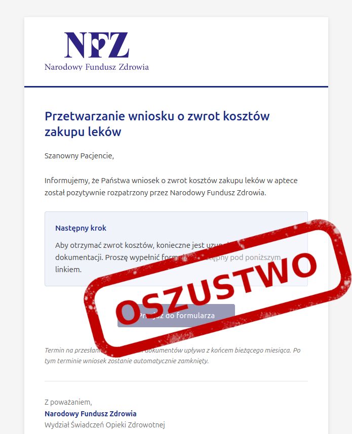NFZ i zwrot kosztów leków – uważaj to phishing
